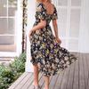 Women's Fashion Floral Square Collar High Waist Hollow Bubble Short-sleeved Back Pleated Printed Dress