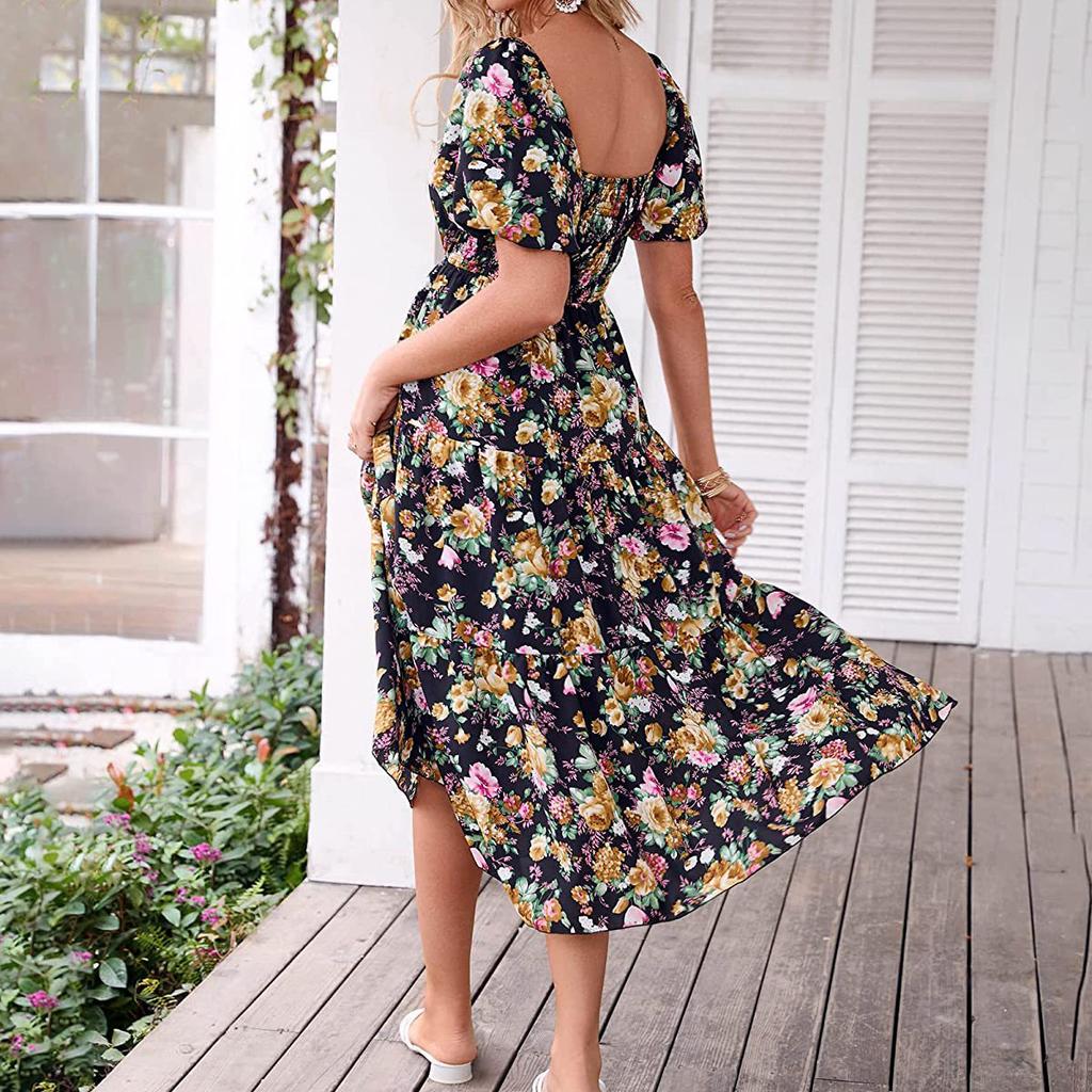 Women's Fashion Floral Square Collar High Waist Hollow Bubble Short-sleeved Back Pleated Printed Dress