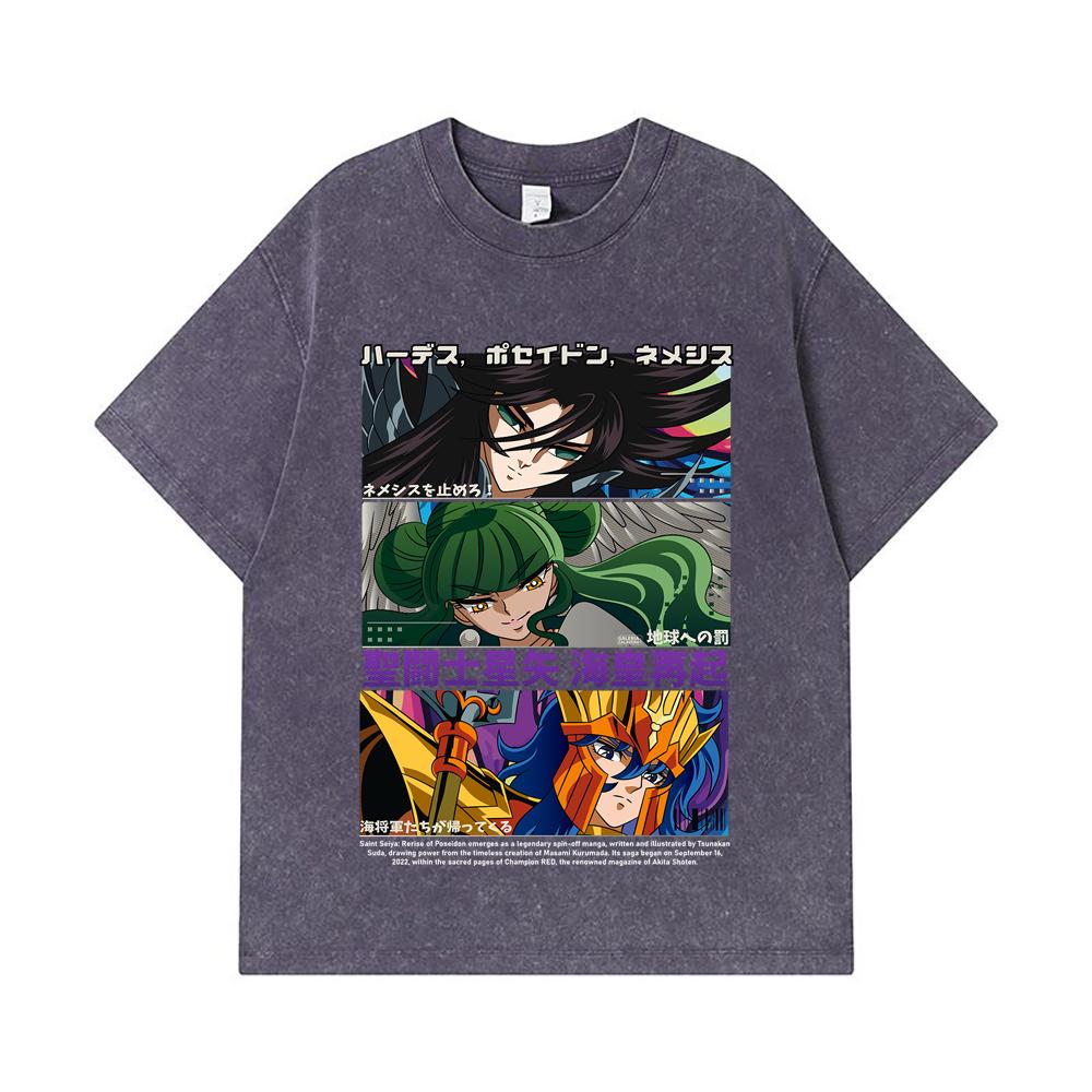 275 GSM Washed T-shirts 100% Cotton Saint Seiya V3 Rerise of Poseidon Print Unisex Heavy Cotton T Shirt
