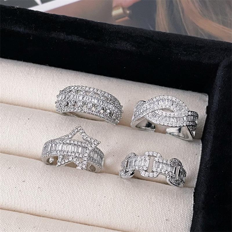 Zircon T Square Full Diamond Opening Ring Horseshoe Star Exquisite High-End Isn'T The Wind Super Flash Ring Woman