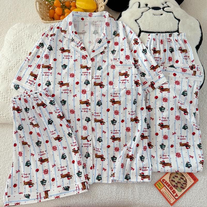 Set Pijama de Damă Dachshund Desen Animat cu Buline și Dungi - Mânecă Scurtă, Stil Coreean, Articole de Casă din Trei Piese.