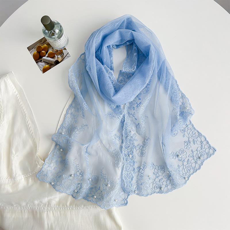Idyllic rose thin mesh silk scarf women s versatile literary three-dimensional embroidery pearl lace shawl solid color yarn scarf 160cm