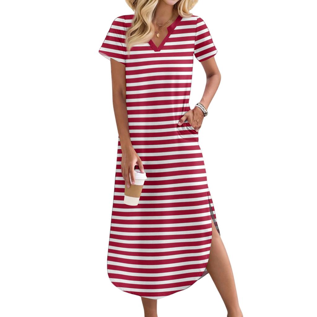 Women's Casual Comfortable V Neck Loose Hem Split Vacation Short Sleeve Striped Long Dresses