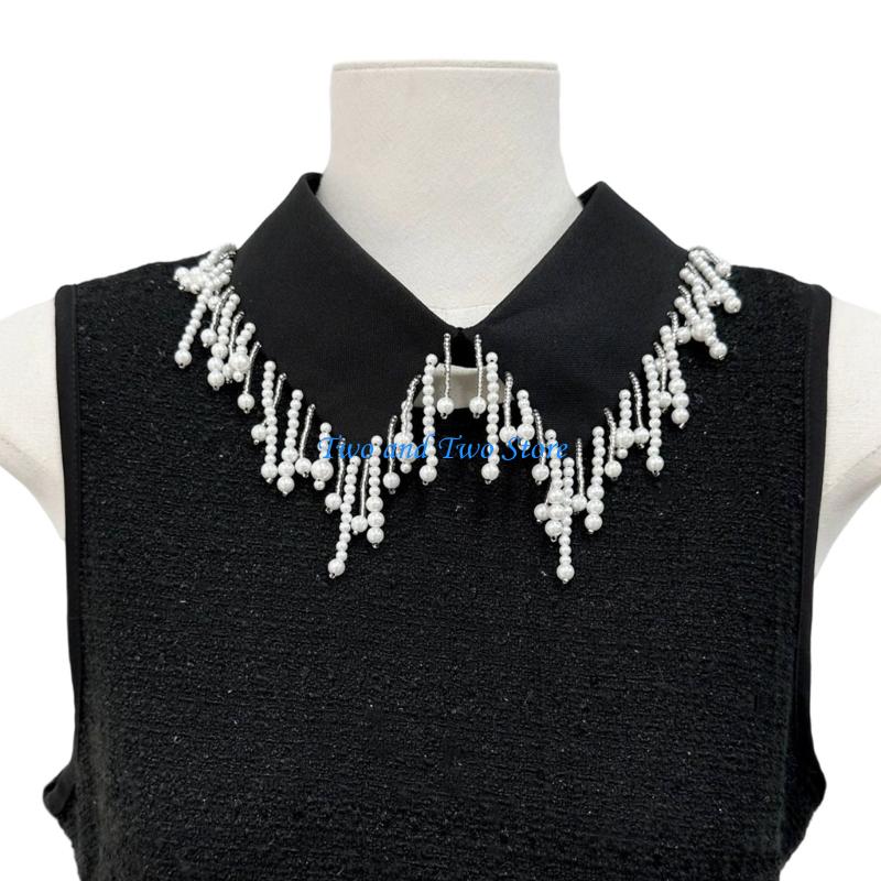 HX6F Pearls Tassels Trim Removable Faux Collar Elegant Detachable Blouse Shirt Collar чёрный