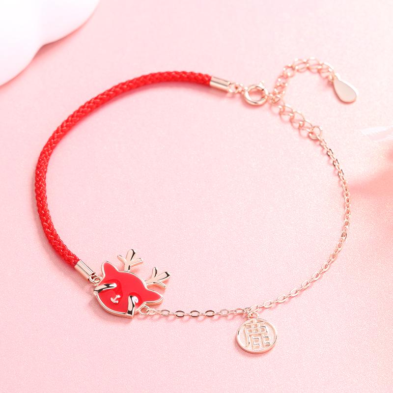 S925 Sterling Silver Antler Bracelet with Temperature-Sensitive Color Change, Woven Red Rope, Chinese Style Women's Christmas Jewelry Gift.