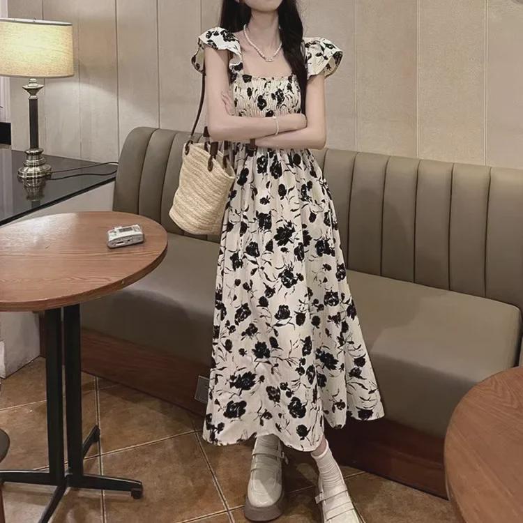 Sommerliches Blumenkleid mit französischen Ärmeln für Damen, schlankmachendes Midikleid im Hepburn-Stil