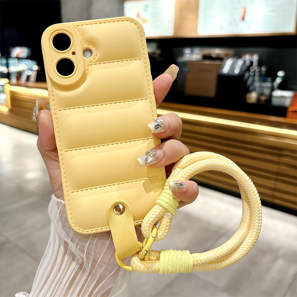 

Luxury Down Jacket Hand Wrist Strap Case for iPhone 16 15 14 13 Pro Max 12 11 X Xr Xs 7 8 Plus SE Lanyard Solid Color Soft Cover For iPhone 16 Plus