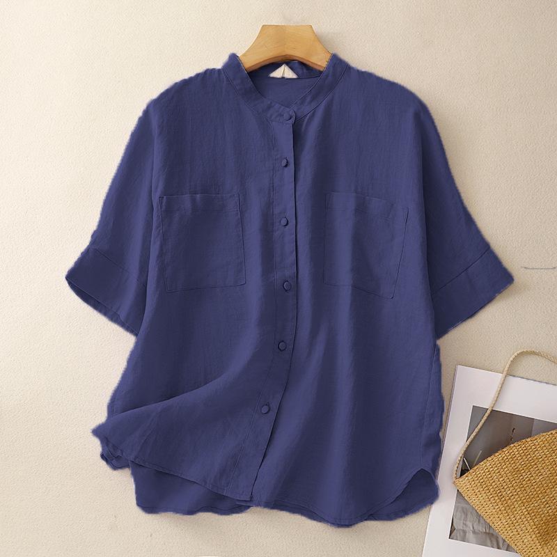 Sommer-Shirt aus Baumwolle und Leinen in Übergröße mit künstlerischem, lockerem Kragen für Damen