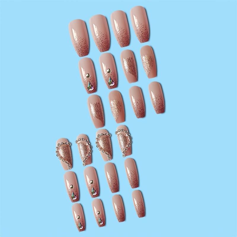 24 Pcs Glossy Nude Pink Heart Press On Nails with Water Drop Rhinestones - Medium Length Valentine's Day False Nails for Women and Girls
