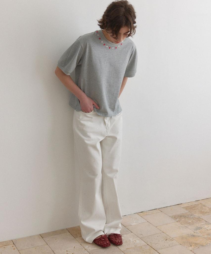 Okuka Flower Embroidered Puff T-Shirt - Gray