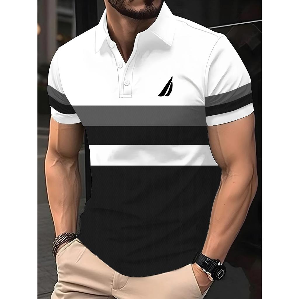 2026 Summer Men's Polo Shirt with Stripes Print Breathable Lightweight Casual Fashionable Outdoor
