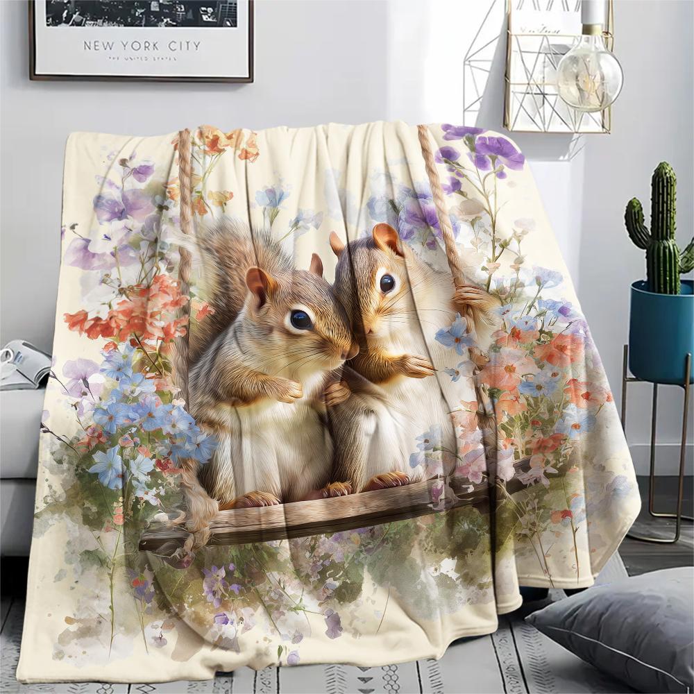 Two Squirrels,pattern Flannel Blanket, High quality Comfortable for All Seasons, Home Decor, Warmth and Comfort, Perfect for Gifts.