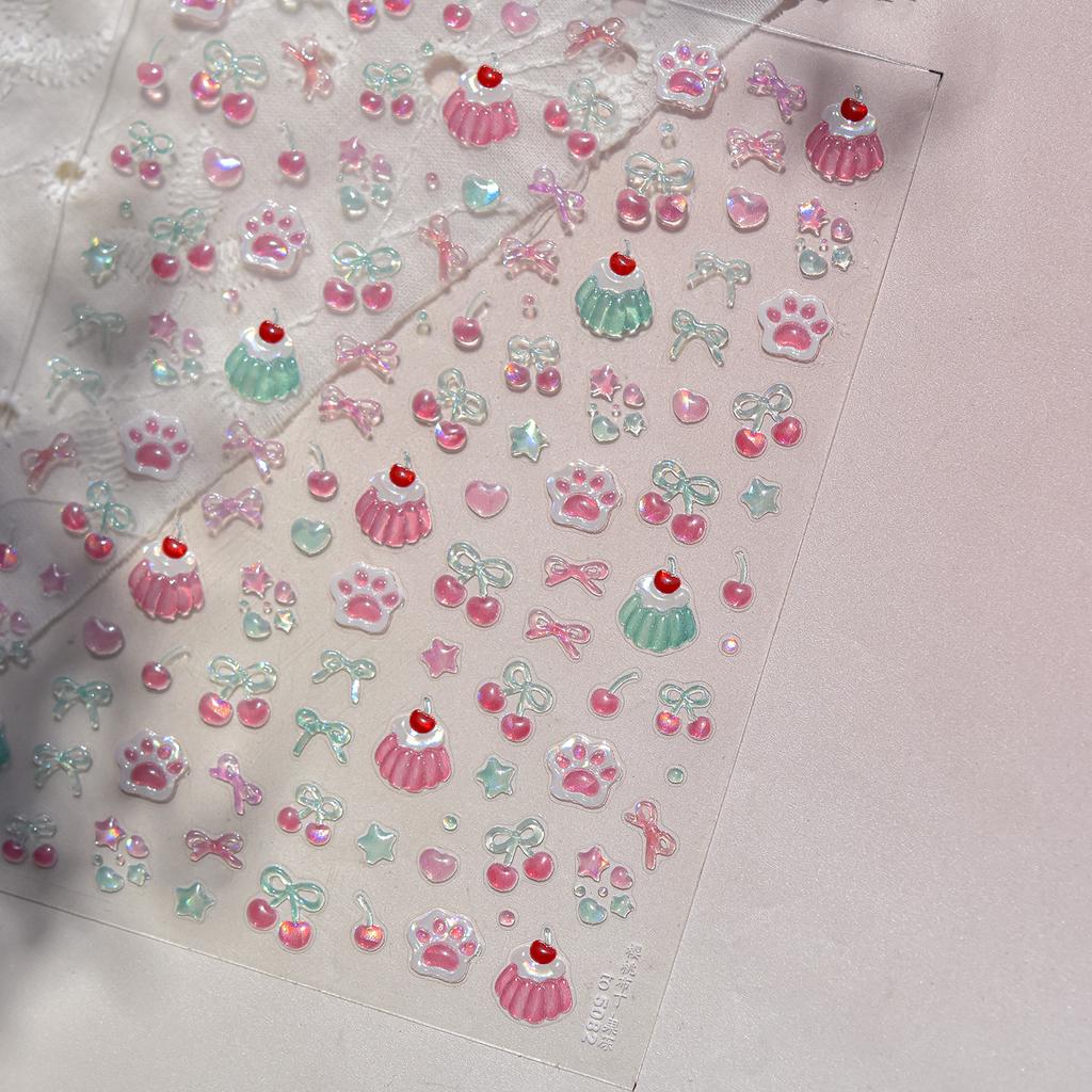 5D Pudding Jelly Dessert Fruit Cherry Pink Claw Print Bowknot Tie Knot Love Heart Stars Nail Art Sticker Adhesive Manicure Decal