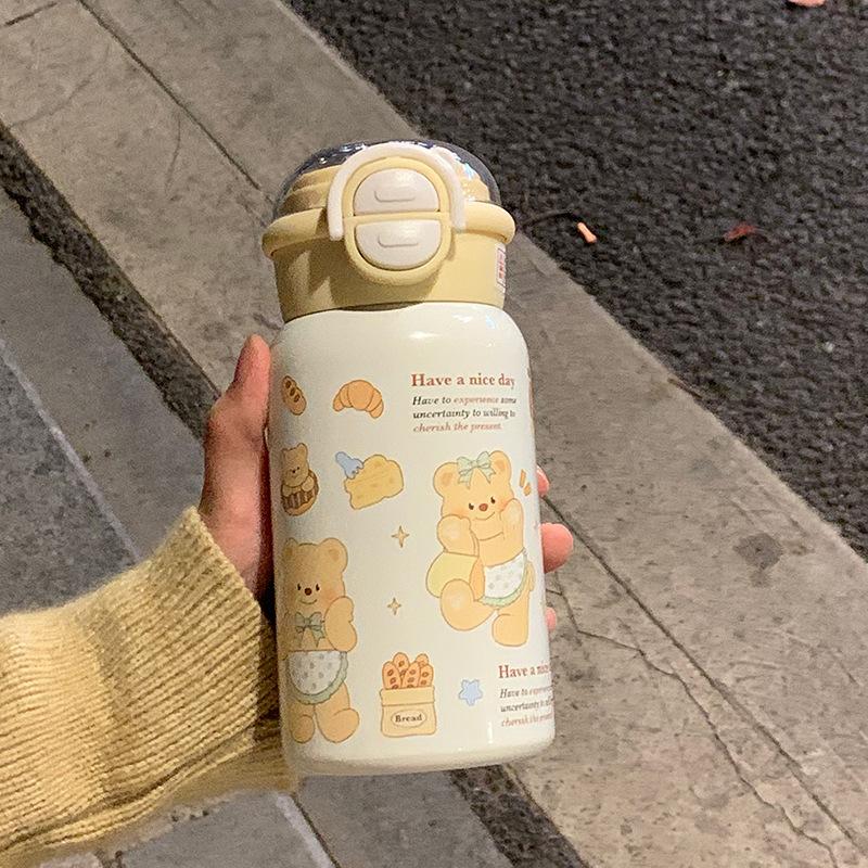 Thermos cup Stainless steel long-term thermal insulation straw cup Girls ins high value large capacity portable double drinking cup