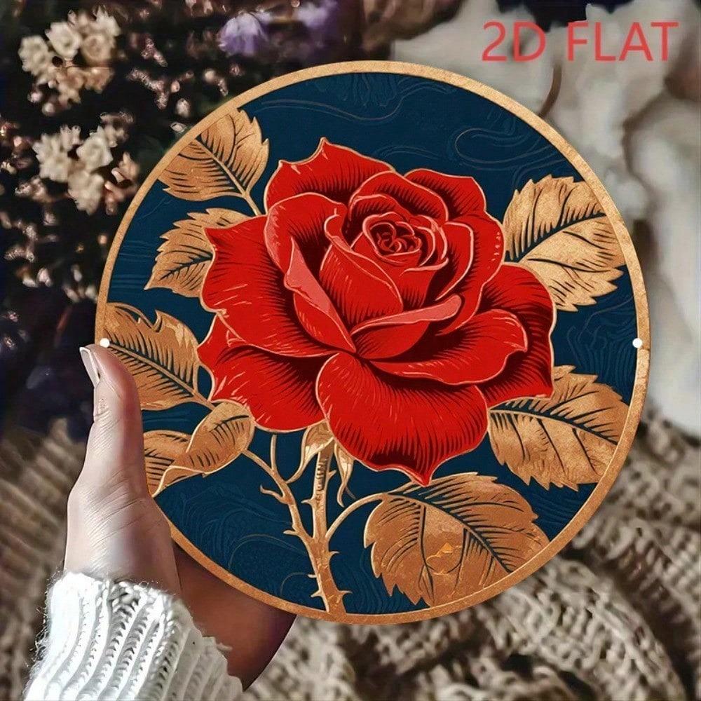 Vintage Metal Wall Art Red Rose 8x8 Inch Round Aluminum Sign Retro Golden Leaf Dark Blue Home Decor Flat Single Piece