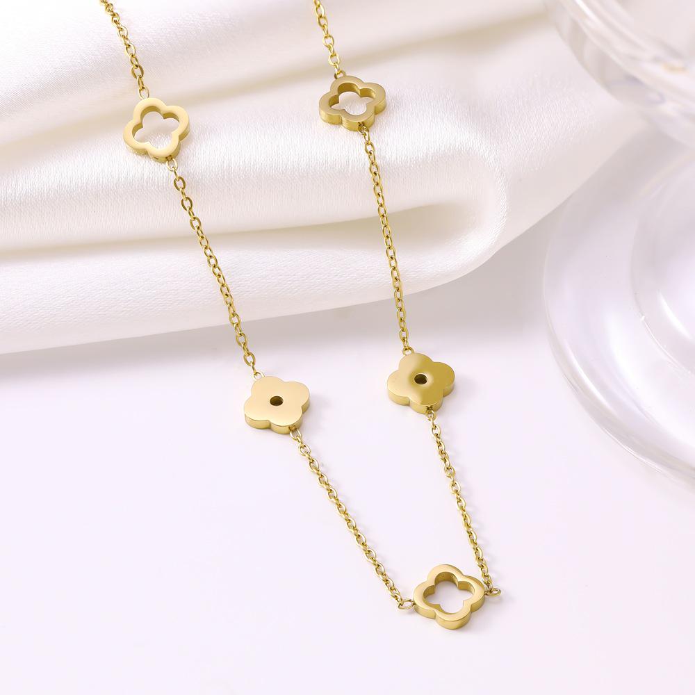Lucky Hollow Four-Leaf Clover Stainless Steel Necklace - Women s European & American Light Luxury Fashion Clavicle Chain