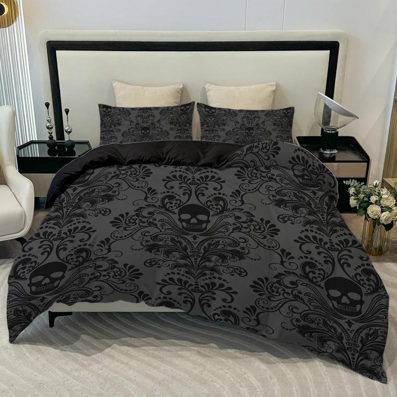 3pcs Skull Flower Duvet Set With Flower Skull Pattern, Includes 1 Duvet Cover And 2 Pillowcases, Suitable For All Seasons