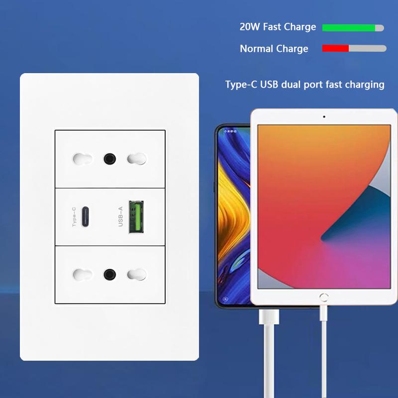 Italien Chile Mexiko USB Smart Typ-c 20W Schnelllade-Wandsteckdose Stecker, Brasilien Elektrischer Lichtschalter Universal-USB-C-Steckdose