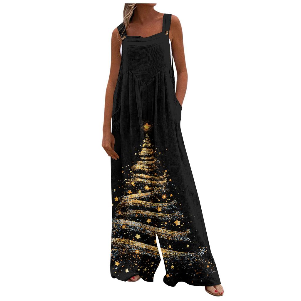 Women's Christmas Print Solid Wide Leg Strapless Tank Pocket Casual Onesie