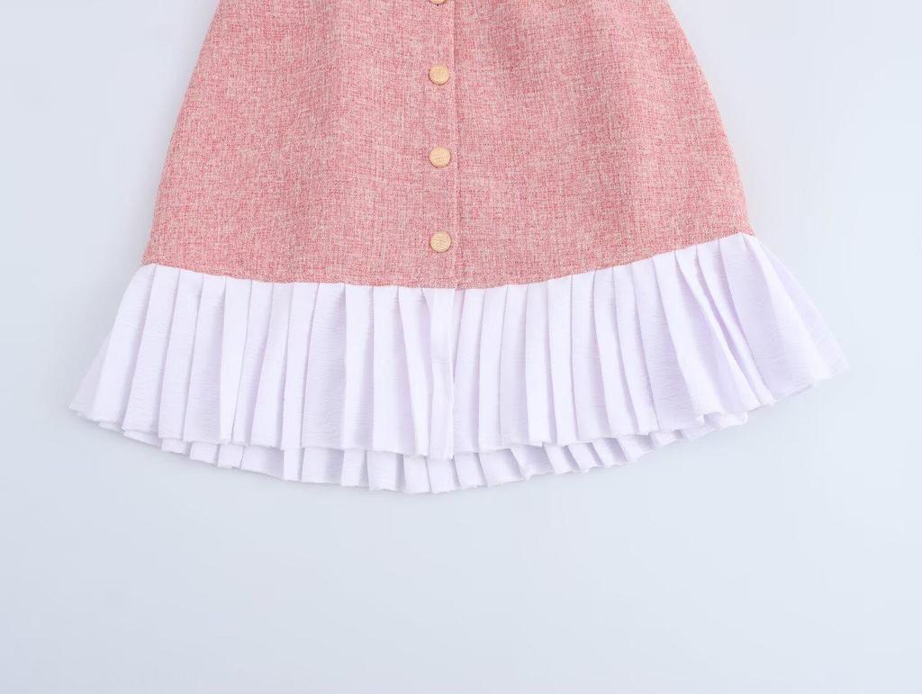 2025 Spring Women's European-American Tweed Patchwork Halter Dress with Pleated Hem