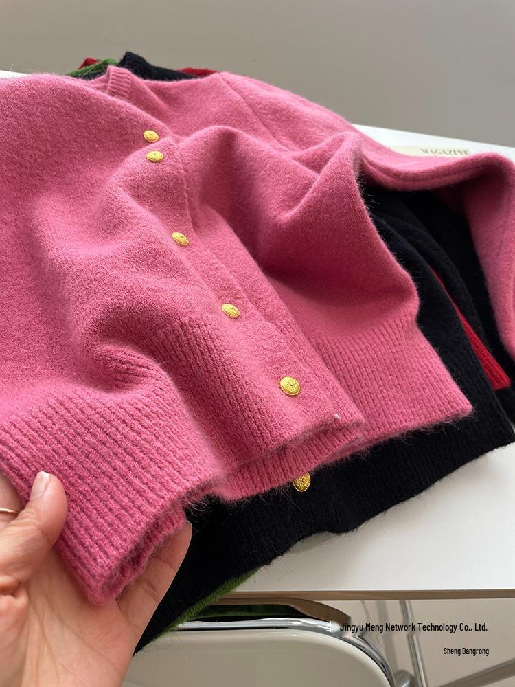 Whitening Raspberry Pink Gold Button Knit Cardigan - Women's Autumn/Winter Korean Style, Soft, Thick, Warm, Round Neck Wool.