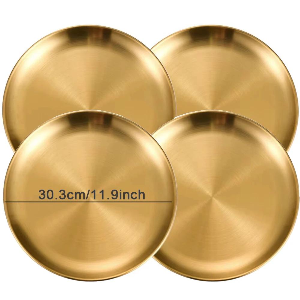 4PC Metal Dining Dish Stainless Steel Round Plate Shallow Tray BBQ Picnic Camping Food Container Tableware Dessert Plate Kitchen