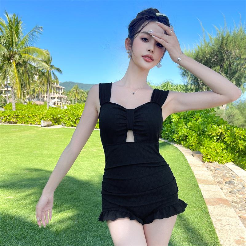 Swimsuit female conservative slim solid color swimsuit to cover the belly and look thin one-piece student ins flat angle Korean girl swimsuit
