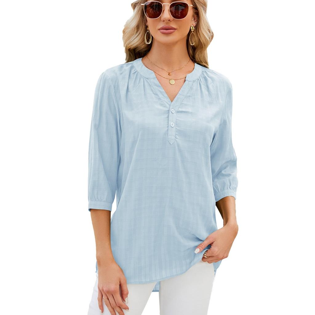 Spring Summer Women's Solid Color V Neck Loose Half Sleeve Casual Top