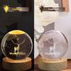 3D Engraved Deer Crystal Globe Lamp | USB LED Night Light with Wooden Base | Creative 6 cm Crystal Ball Table Lamp for Bedroom, Home, (Warm White)