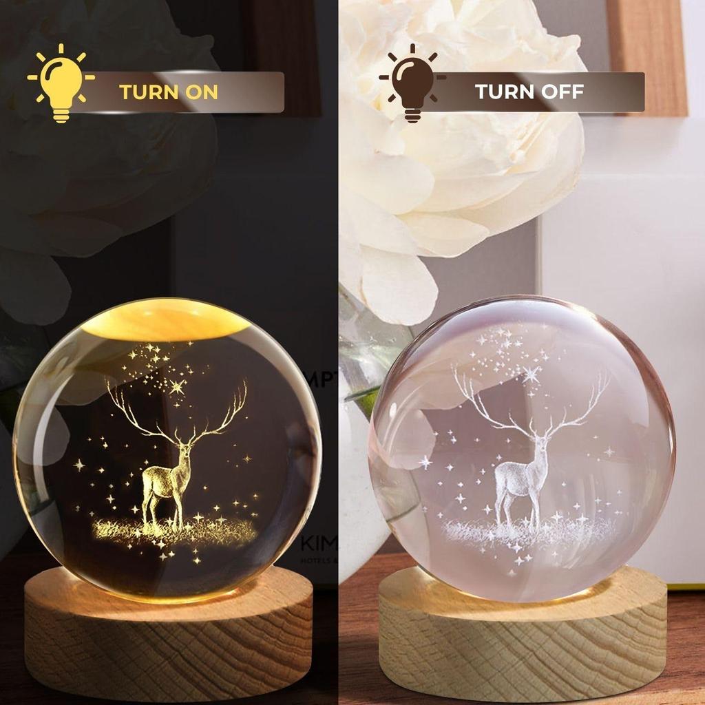 3D Engraved Deer Crystal Globe Lamp | USB LED Night Light with Wooden Base | Creative 6 cm Crystal Ball Table Lamp for Bedroom, Home, (Warm White)