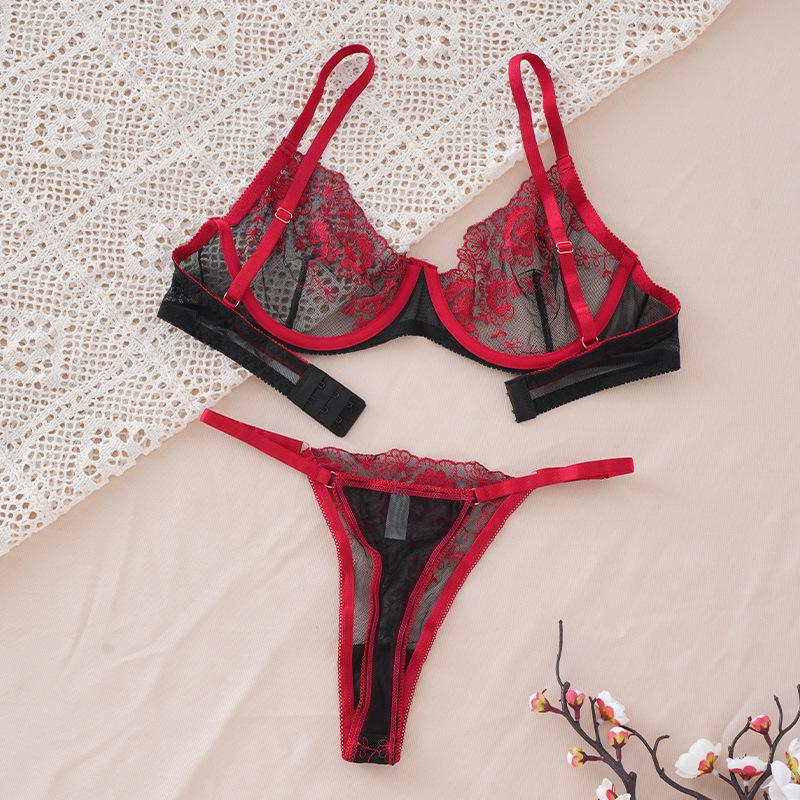 European & American Floral Embroidered Lingerie Set: Sexy Thin Bra with Side Support & Breathable Panties
