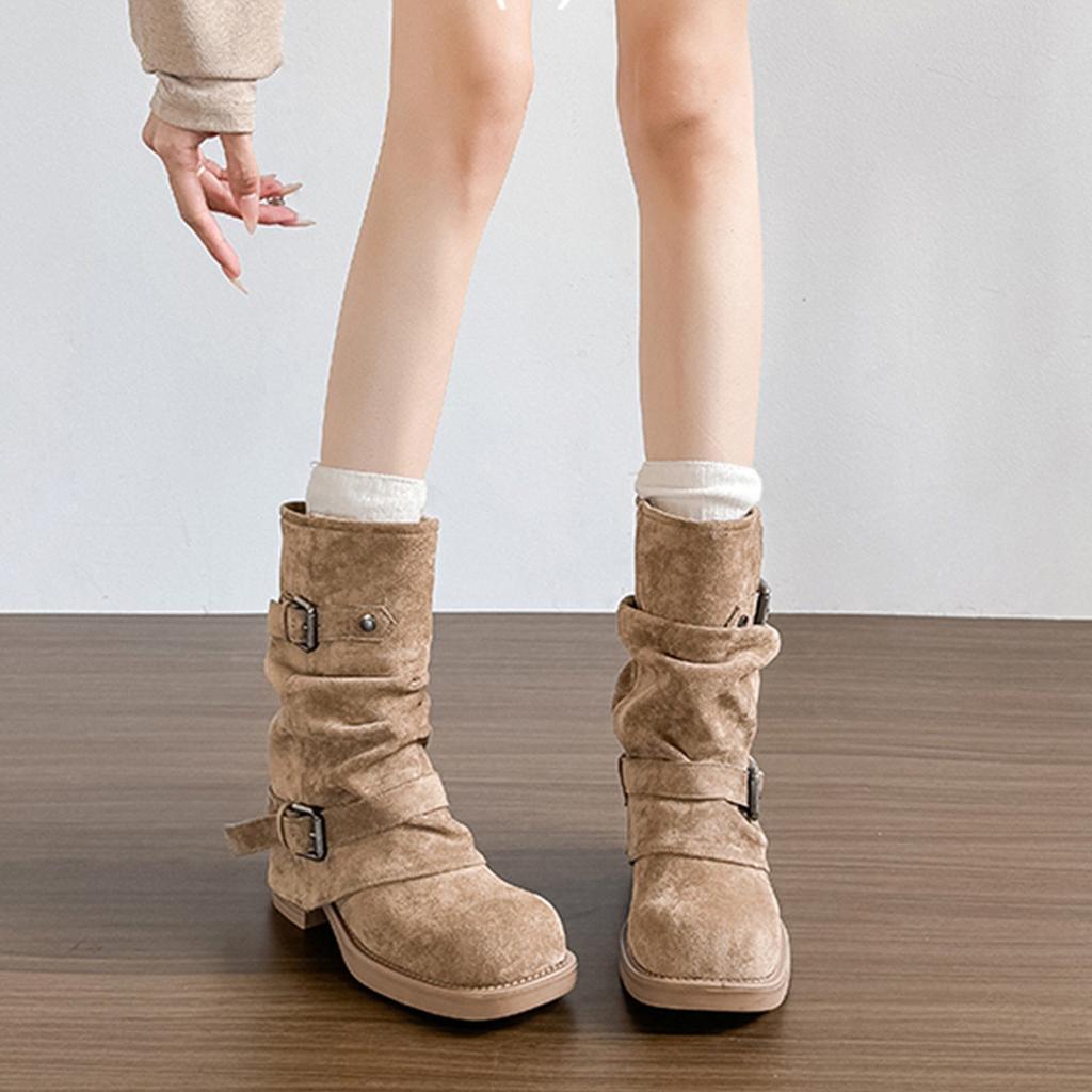 Yueyu dicke Sohle Western Cowboy Falten gestapelte Stiefel Damen Herbst und Winter Retro Ritter Martin Stiefel dicker Absatz Hosen Kurzstiefel Damen