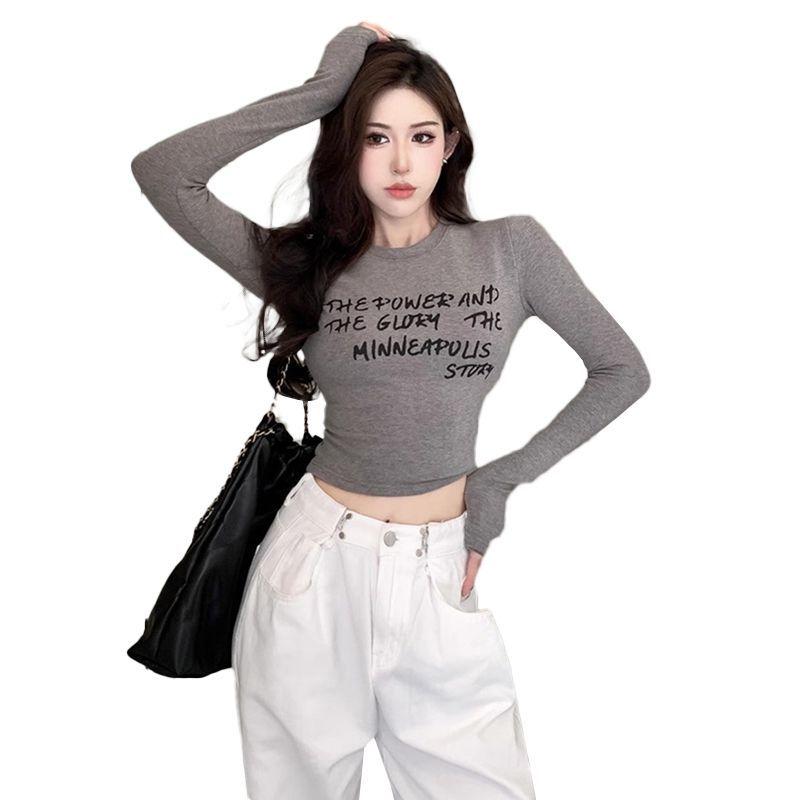German velvet warm T-shirt autumn and winter women's new Spice Girl long-sleeved slim-fitting printed alphabet bottoming shirt with top