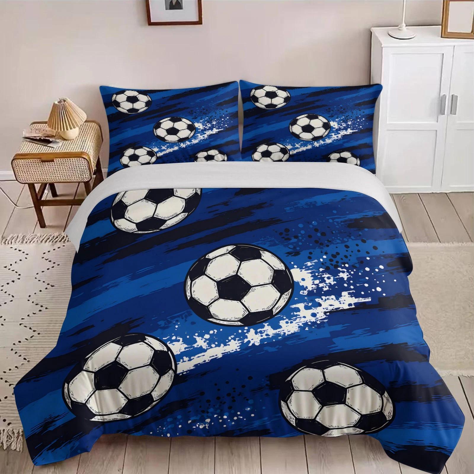 

Blue Soccer Ball Bedding Set Full Size Sport Pattern Duvet Cover Pillowcase 2/3pc Queen Double King Bedroom Home Decoration Kid Men Gift Baby 100x135cm