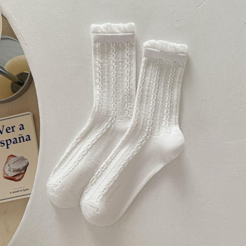 

Осенне-зимние носки: Женские льняные узорчатые гольфы до середины икры, кружевные гольфы выше колена в стиле колледжа 1 pair чистый белый