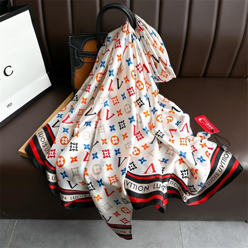 Color Letter Silk Scarf Light Luxury Fashion Scarf Simulation Silk Large Size Shawl Silk Scarf Women