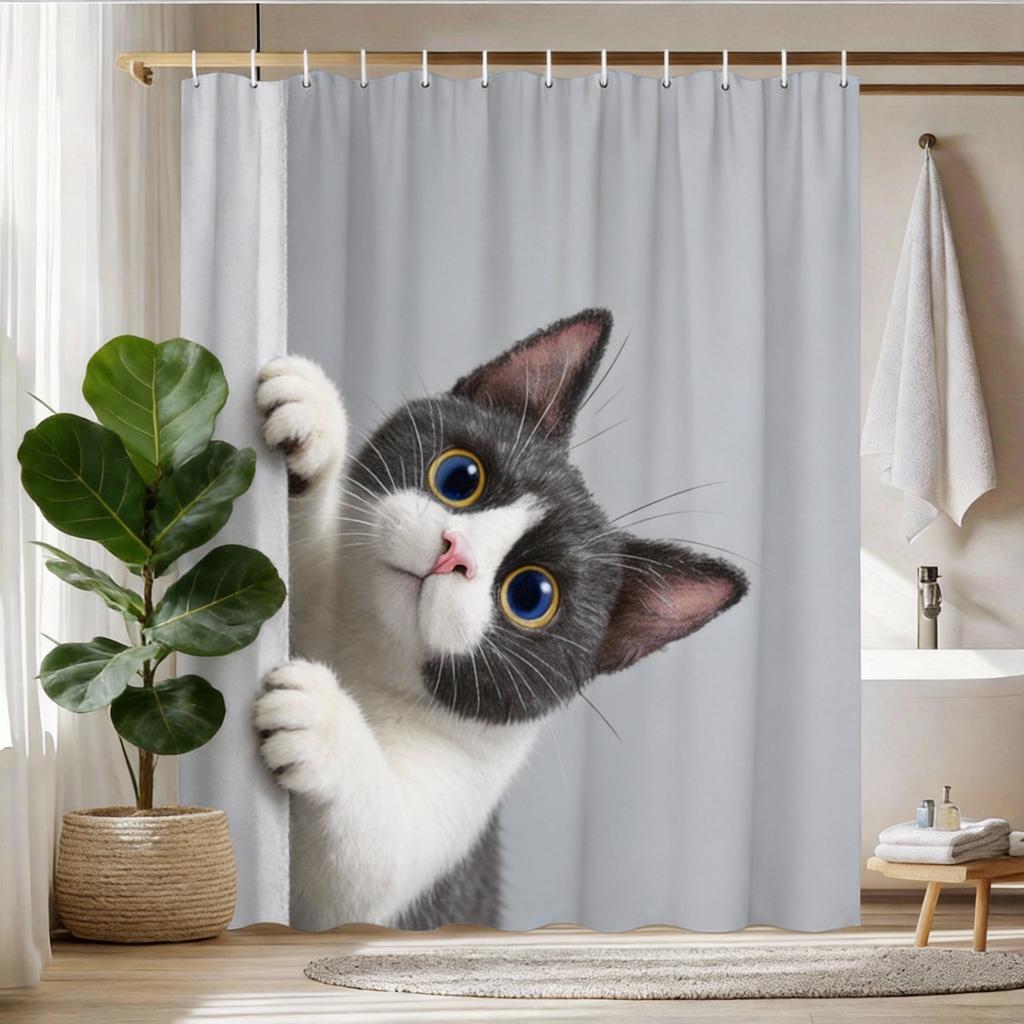 Cute Cat Peekaboo Shower Curtain Machine Washable All Season Waterproof Privacy Protection Animal Design Fun Easy Toclean12Hooks