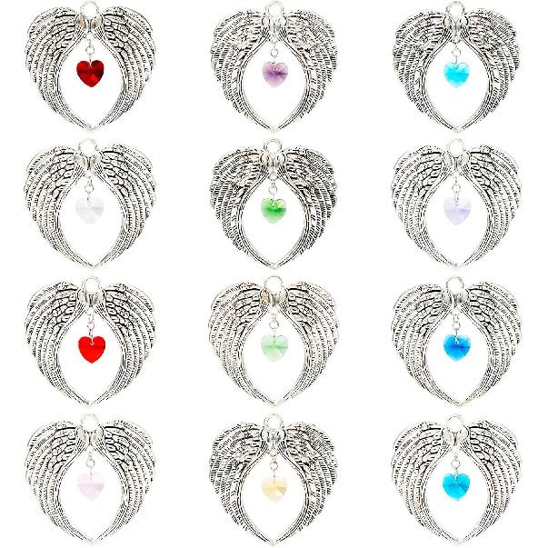 Cheriswelry 12pcs Wing Big Pendants Tibetan Alloy Metal Dangle Charms Glass Heart Bead Charms Necklace Pendants Lovely Hang Ornament 65x68.5mm for