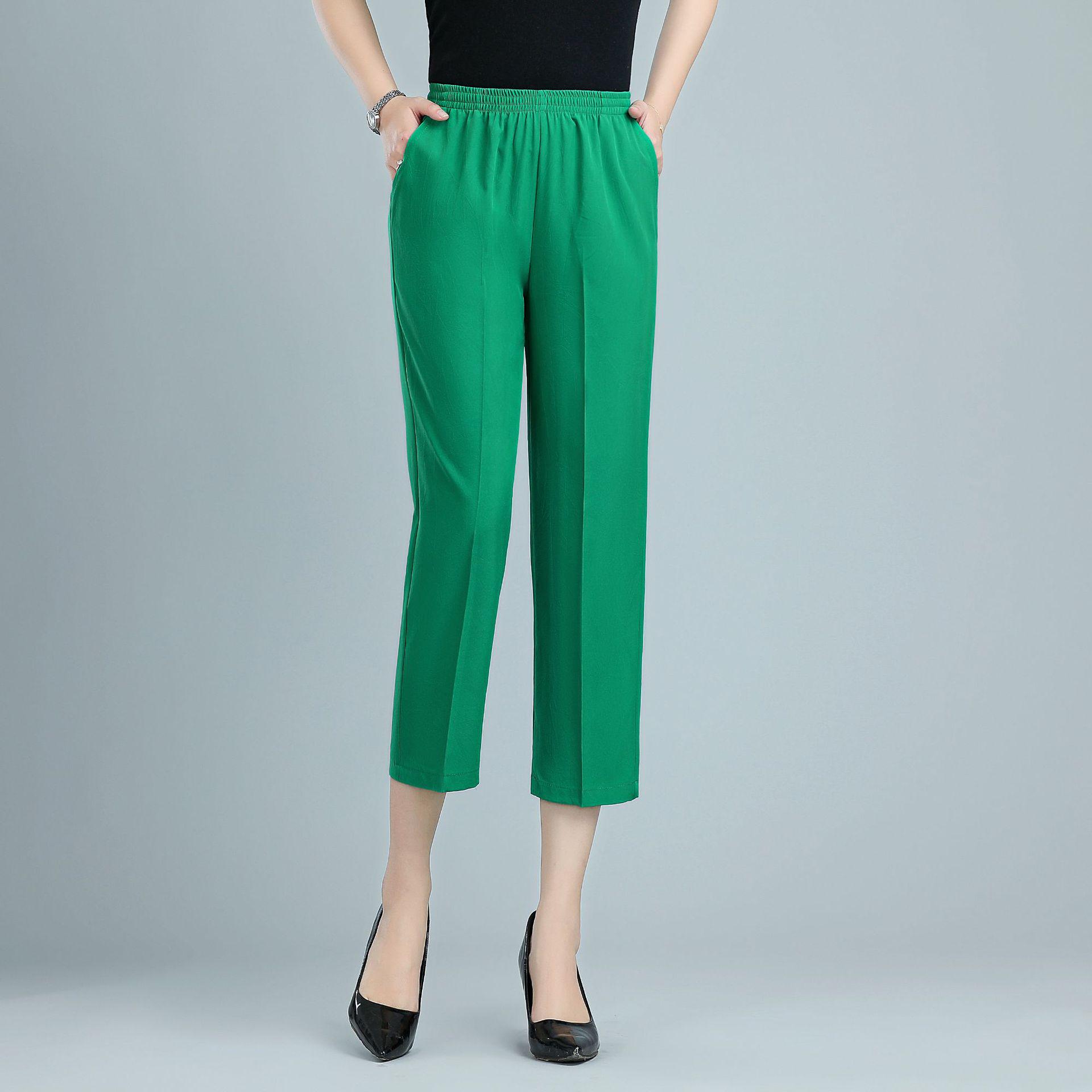 

Летние легкие эластичные брюки с высокой талией и прямыми штанинами для женщин среднего и пожилого возраста 3XL (130-145 catty) зелёный