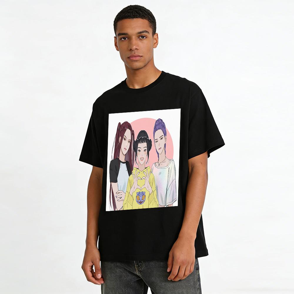 Anime Girl Group Print Short Sleeve T-Shirt Trendy Sweet Cool Style Loose Crew Neck Casual Top Pure Cotton T-shirt