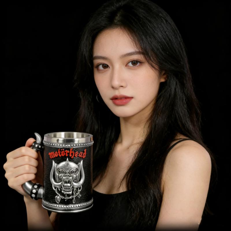 Premium Quality Gothic Skull Mug - 3D Embossed Relief Design, Stainless Steel Inner Liner, Ergonomic Horn Handle