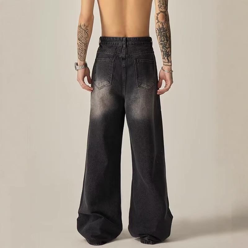 Men's 2024 Washed Black Wide-Leg Jeans - Tall, Casual, Loose Fit, American Trend for Spring & Autumn.