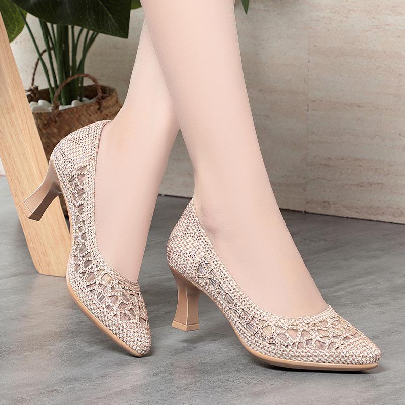 Fashion Summer Single Shoes Mesh Breathable Versatile High Heels Women's Shoes Middle-Aged Temperament Pointed Toe Shallow Mouth Shoes