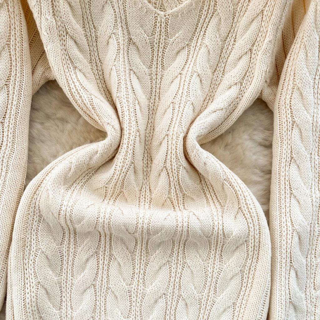 Pull mi-long pour femme, jupe de Base, rétro, fleur torsadée, coupe cintrée, tempérament, col en v, manches longues, robe tricotée, hiver