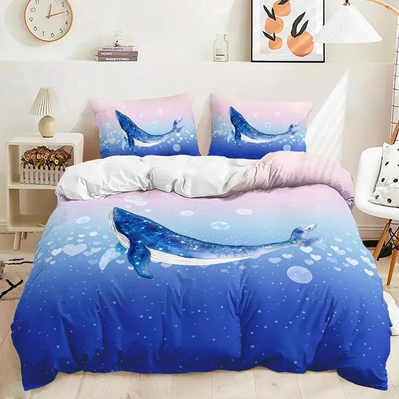 Print Fish,Dolphins, Sharks,Turtles Comfortable Quilt Cover Set for Quen, Light Blue Aquatic Shark Jelyfish Warm Comforter Cover Beding Sets