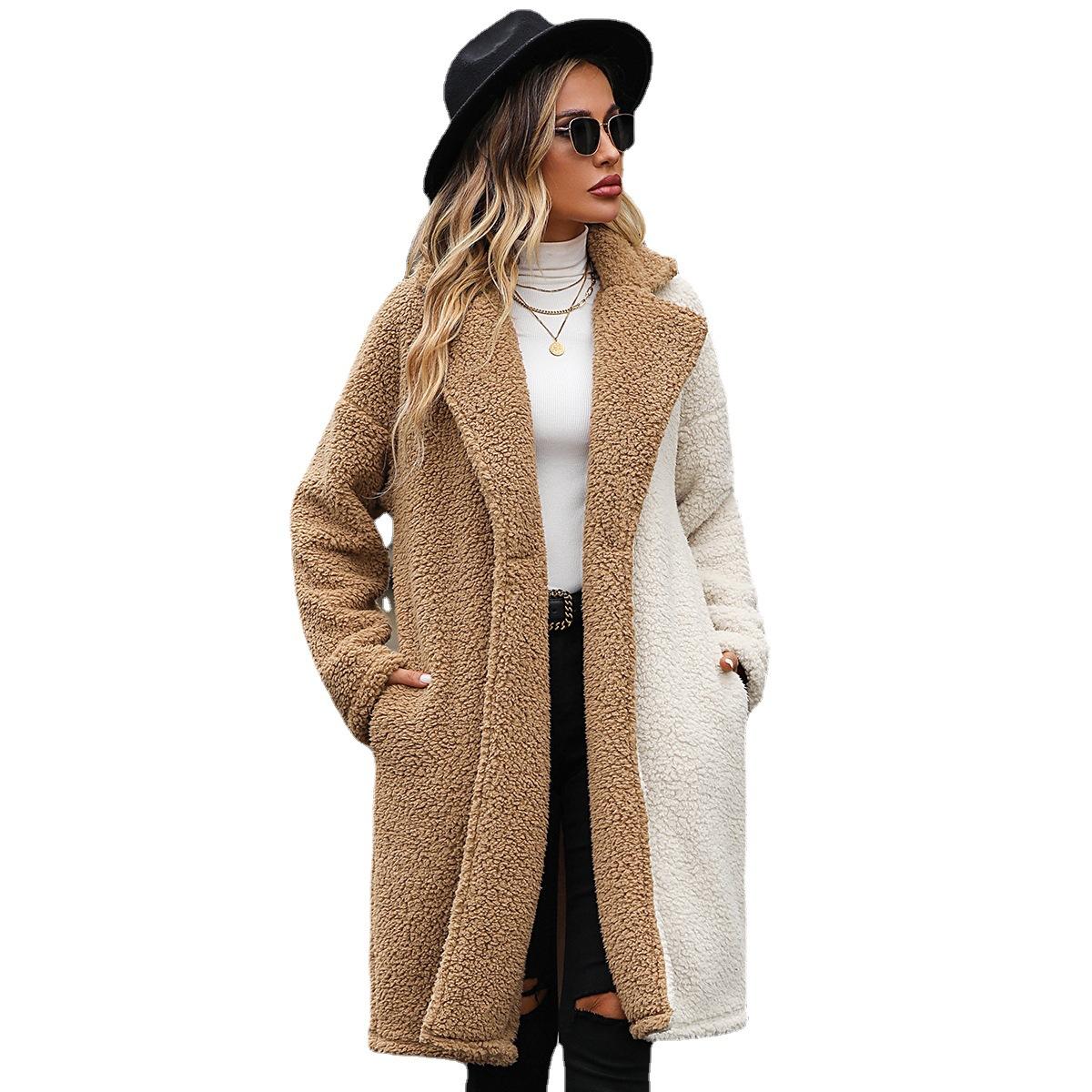 

QICED Fashion Autumn and Winter Women s Jacket Features A Long-sleeved, Color-blocking Style with A Suit Collar and Bubble Fleece Casual Coat XXL верблюд