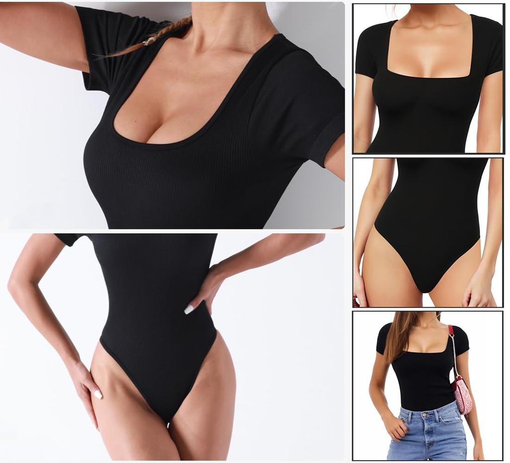 SweetPOP Square Neck Yoga and Everyday Open Short High Leg Leotard Size Bodysuit, Clothes, Loungewear, Wear, Moisture-Wicking, Crotch, Sleeves,