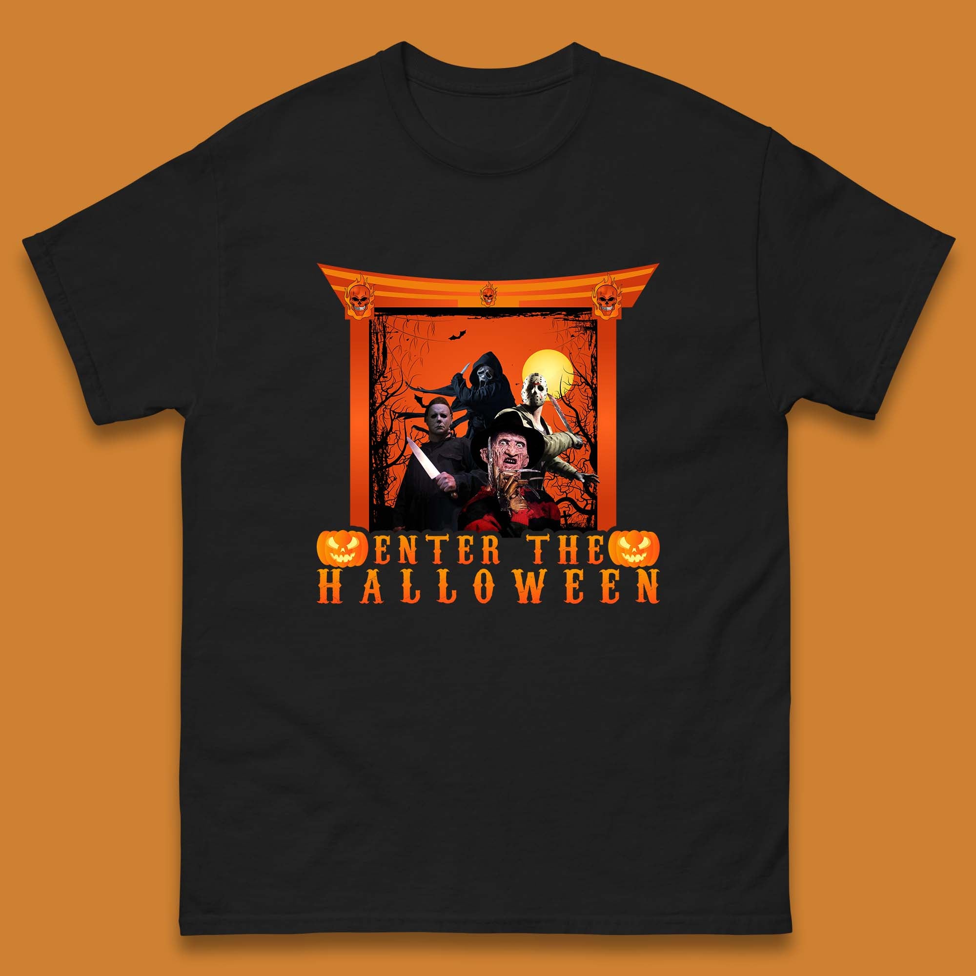 

Enter The Halloween Horror Movie Characters Friends Halloween Villians Serial Killers Mens Tee Top 3XL
