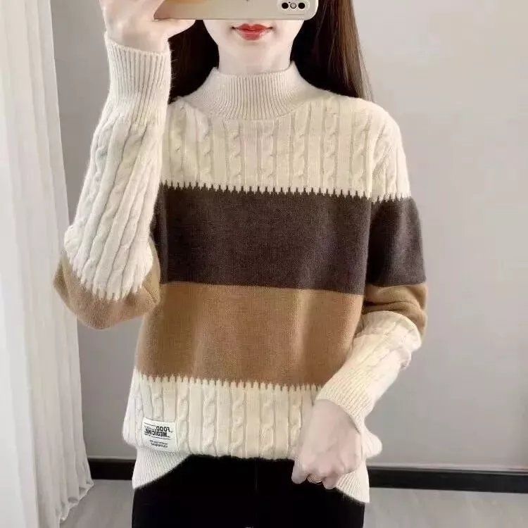 Half Turtleneck Knitwear for Women Loose Thickened Color-blocked Sweater Autumn and Winter Casual Top Pullover Winter Knitted Sweater