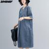 DIMANAF Frauen 2023 Neue Sommer Kleid Denim Kurzarm Kleid V-ausschnitt Elegante Lange Kleid Lose Kleid Blau Grundlegende Kleider